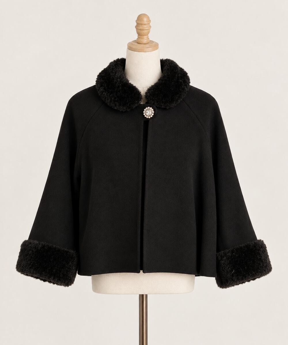 Vintage 90s Black Cape Jacket Women’s Medium Faux Fur Trim Cropped Swing Coat - Picture 1 of 6